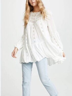 Free People Shirt Womens Medium Kiss Kiss Tunic Hippie Flowy Boho Lace Crochet S